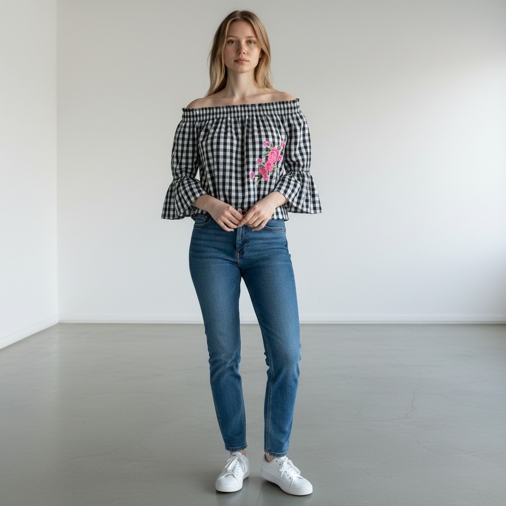 Iris Basic Off Shoulder Gingham Floral Embroidere… - image 1